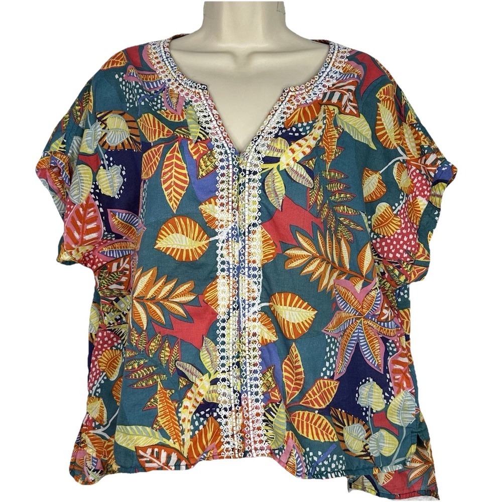 Cynthia Rowley Womens Boho Embroidered Top Large Tropical Print Blouse Festival